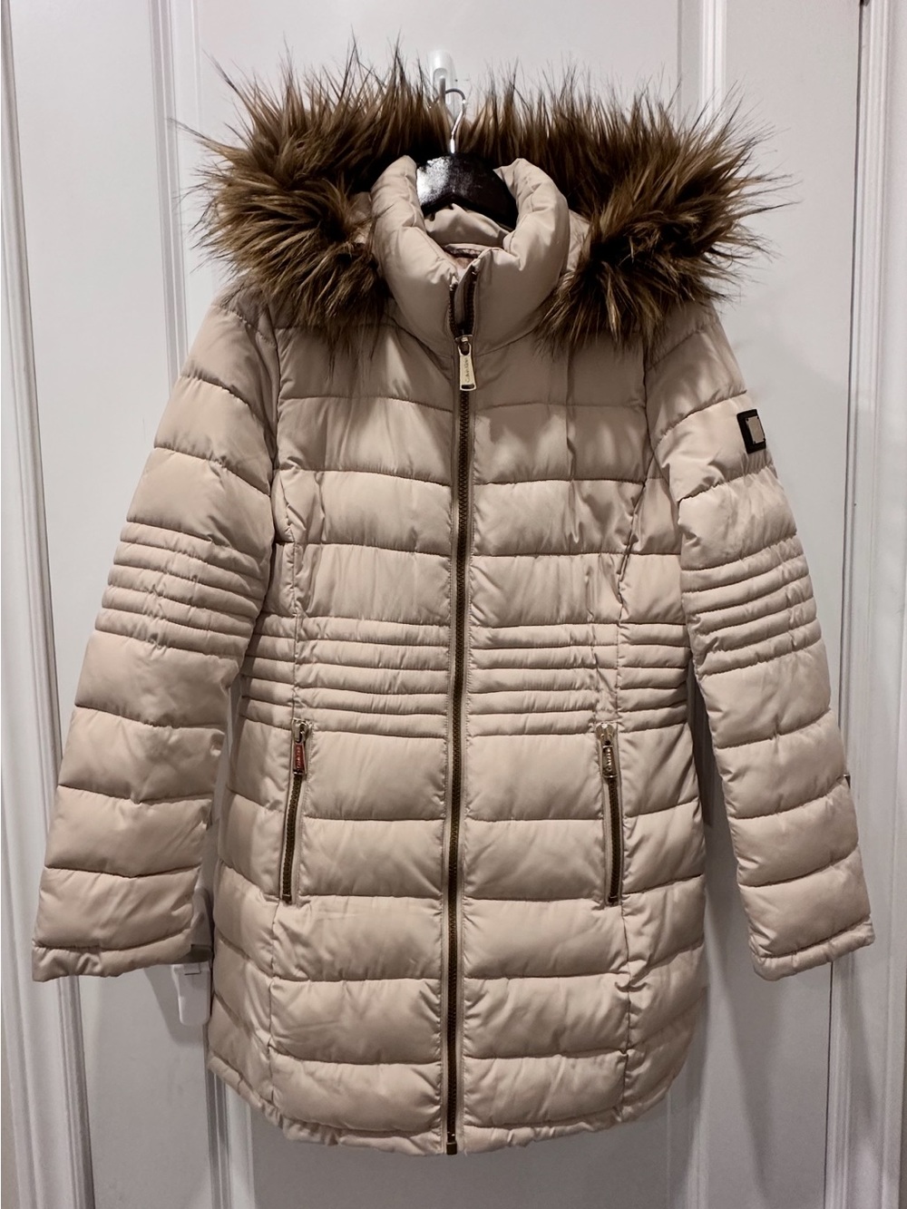 Calvin Klein Beige Quilted Puffer Coat with Faux Fur Hood